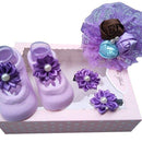 Conjunto 4 Peças Flores (Meia sapatinho + Grampos + Tiara)